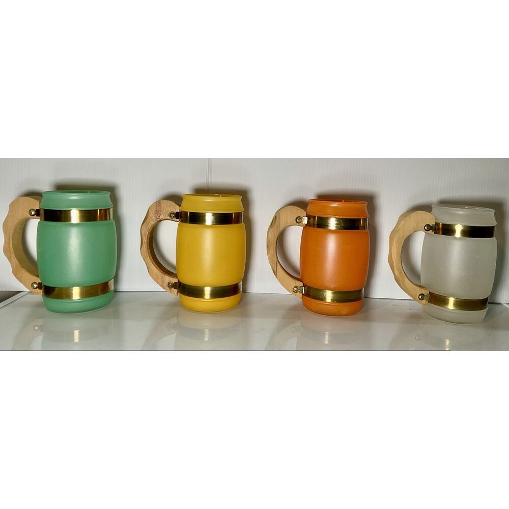 Set of 4 Vtg/MCM Colored Siesta Ware Frosted Barrel Bar Mugs w/ Wood Handles